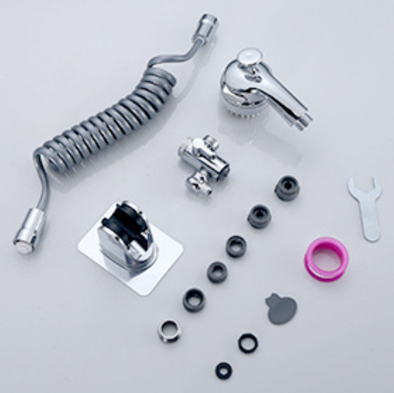 Shower kit components laid out: handheld head, coiled hose, diverter, holder, adapters and installation accessories